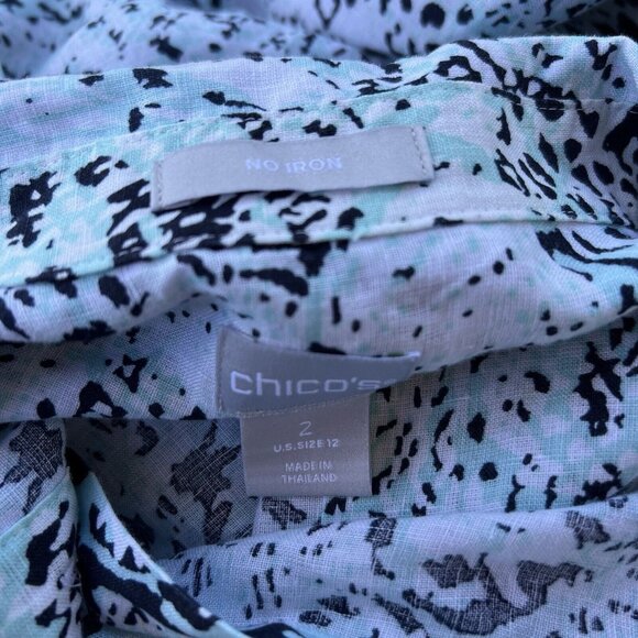 Chico's Size 2 I US Size 12 Blue White Animal Camo Print 100% Linen Shirt Top - Picture 5 of 5
